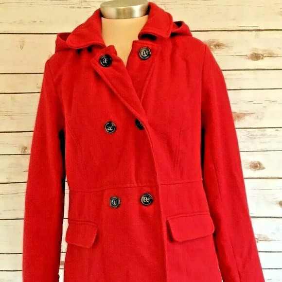 Aeropostale Jackets & Blazers - AEROPOSTALE Women Button Down Fully Lined Collar Hoodie Red Coat Jacket Sz Large